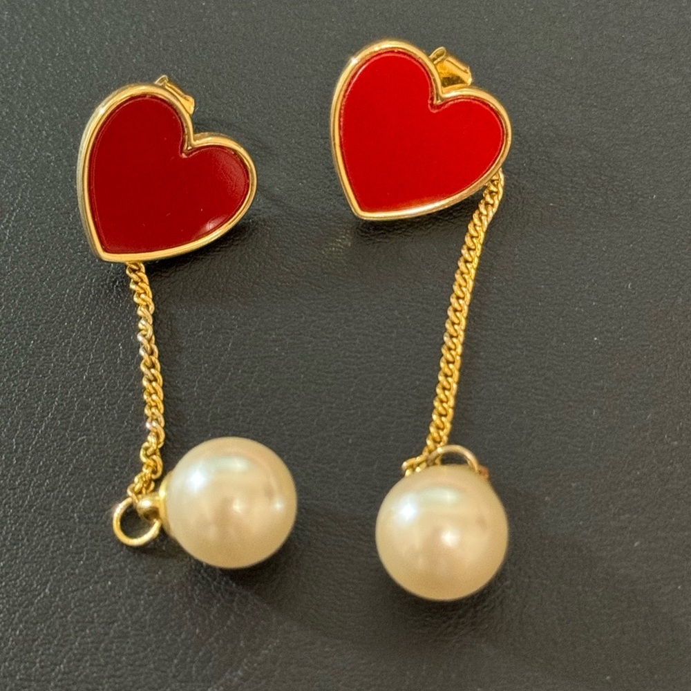 Vintage Gold Pearl and Red Heart Drop Earrings